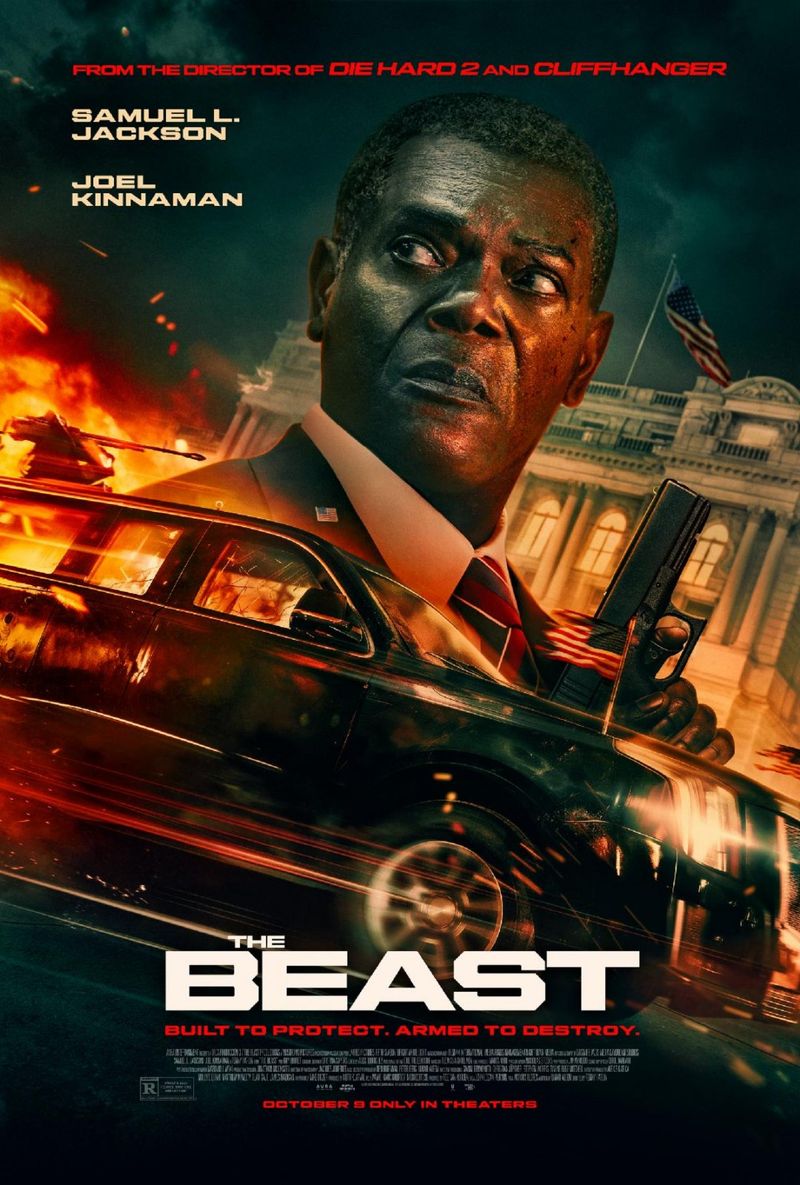 Movie poster for 'The Beast' featuring Samuel L. Jackson with a serious expression and a gun, in front of an explosive background depicting a black vehicle and a dramatic scene.